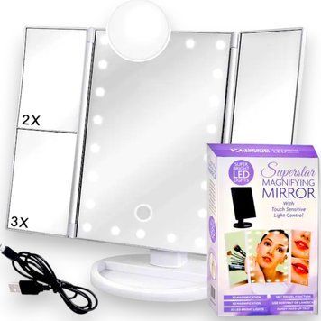 Настільне косметичне складне дзеркало з LED-підсвіткою SUPERSTAR MAGNIFYING MIRROR 22 світлодіоди забезпечують рівномірне освітлення обличчя з усіх боків у будь-який час доби, що дасть вам змогу рівномірно нанести косметику, не припускаючись помилок.  XW1829 фото