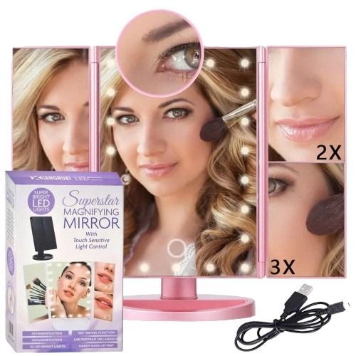 Настільне косметичне складне дзеркало з LED-підсвіткою SUPERSTAR MAGNIFYING MIRROR 22 світлодіоди забезпечують рівномірне освітлення обличчя з усіх боків у будь-який час доби, що дасть вам змогу рівномірно нанести косметику, не припускаючись помилок.  XW1829 фото