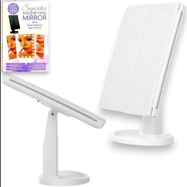 Настільне косметичне складне дзеркало з LED-підсвіткою SUPERSTAR MAGNIFYING MIRROR 22 світлодіоди забезпечують рівномірне освітлення обличчя з усіх боків у будь-який час доби, що дасть вам змогу рівномірно нанести косметику, не припускаючись помилок.  XW1829 фото